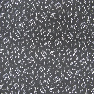 45" Jazz 100% Cotton  Black and White Music Notes with Black Background #148