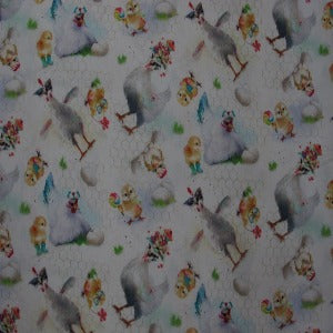 45” Wide 100% Cotton Welcome to the funny farm “Hens White”