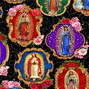 45" Wide 100% Cotton Our Lady of Guadalupe (Black background)