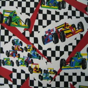 54" Wide Race Cars with Black and White Racing Check 100% Cotton Sold By The Yard