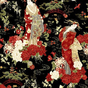 Timeless Treasures Kyoto Garden by Chong-A Hwang CM1665 Black Japanese Geishas w/Metallic