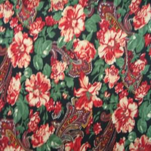 60" Rayon Floral Red and Tan with Leaf Green and Black Background