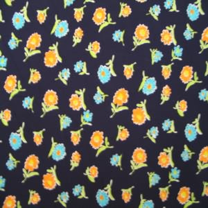 56" Rayon Floral Orange and Turquoise with Navy Background