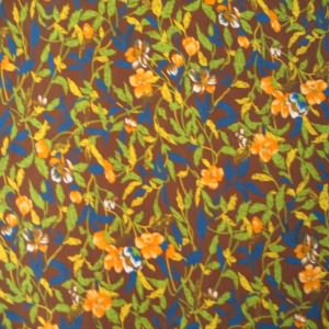 45" Rayon Floral Orange Leaf Blue and Green with Brown Background