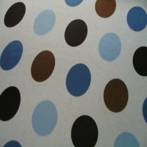 60" Satin 100% Polyester 1" Dot Blue, Brown and Mocha with White Background