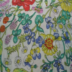 60" Satin 100% Acetate Floral Red, Yellow, Green with White Background