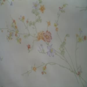 45" Sheer Poly Floral Orange, Plum and Green with Apricot Background