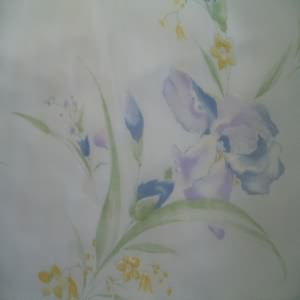 45" Sheer Poly Floral Purple, Green and Blue with Light Blue Background