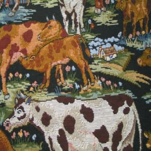 54" Upholstery Tapestry Cows Rust, Green and Brown with Black BackgroundPattern runs horizontal on the fabricRepeat is 19"