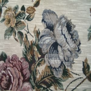 54" Floral Burgundy and Blue with Tan Background