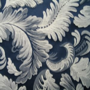 54" Upholstery Brocade White Leaves with Blue Background