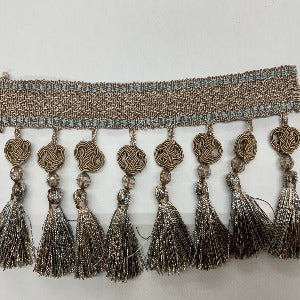 Beaded Tassel with Gimp 5" Taupe and Blue