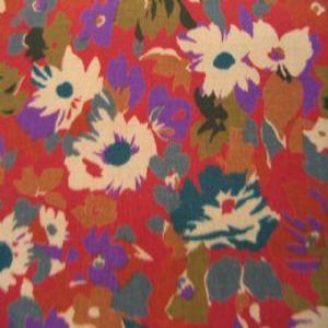 45" China Silk 100% Polyester Floral Red, Tan and Purple